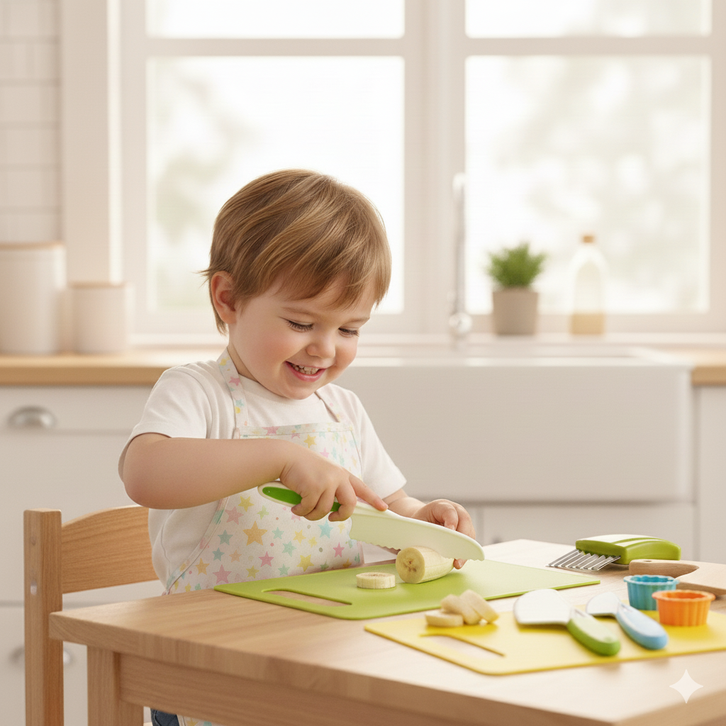 Child playing with kitchen toys at a table in a bright kitchen