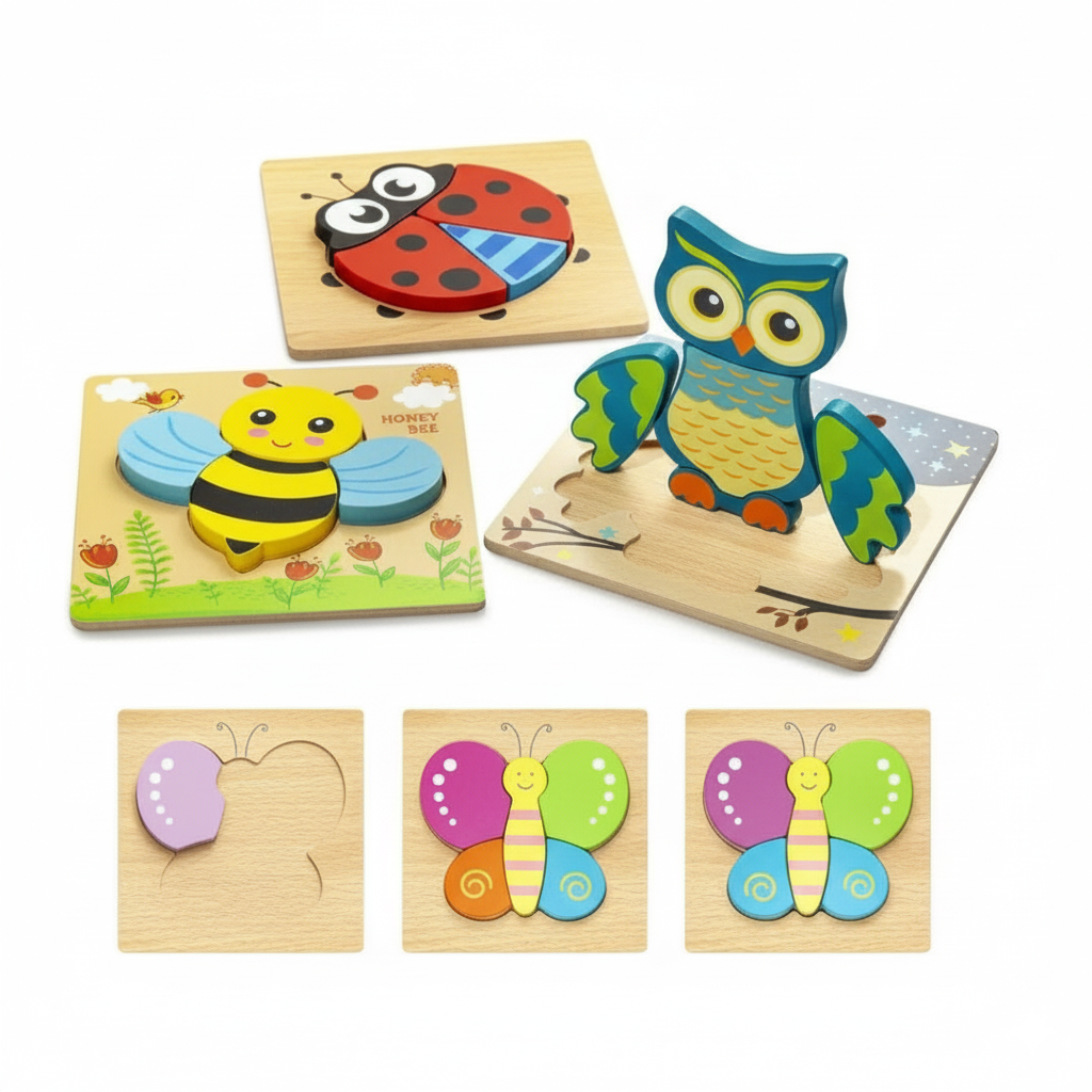 Set of wooden animal puzzles including a ladybug, bee, owl, butterfly, and caterpillar on a white background.