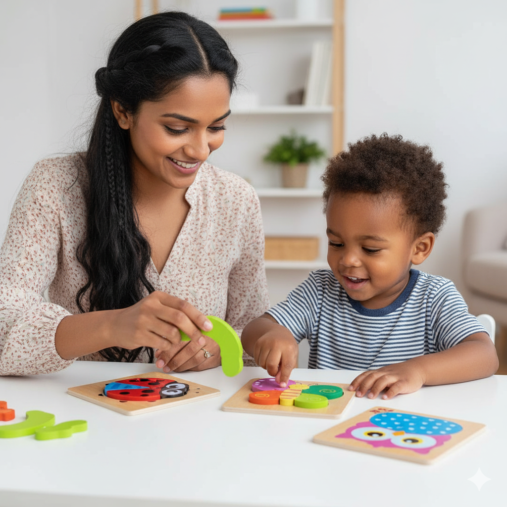 Woman and child playing with educational toys at a table