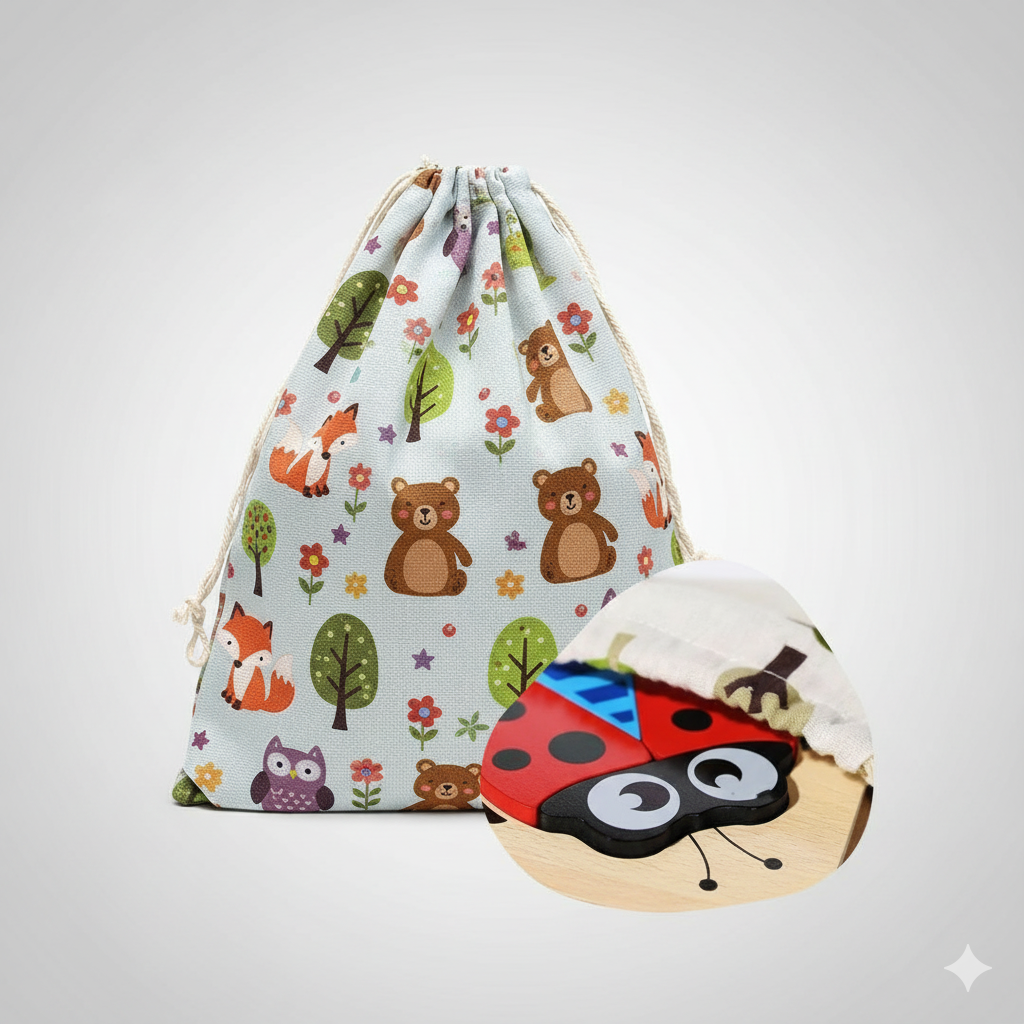 Drawstring bag with animal pattern and wooden ladybug puzzle on a light gray background