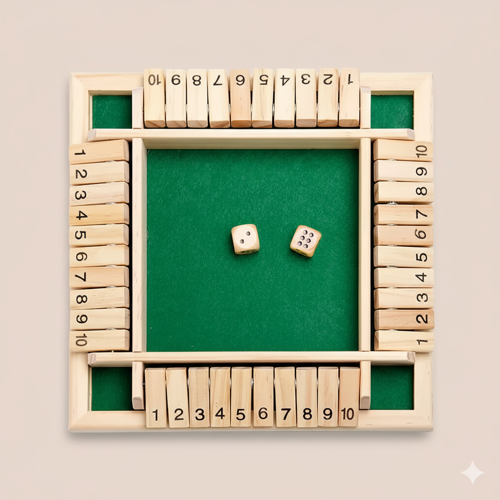 Wooden dice tray with numbered slots and two dice on a green surface