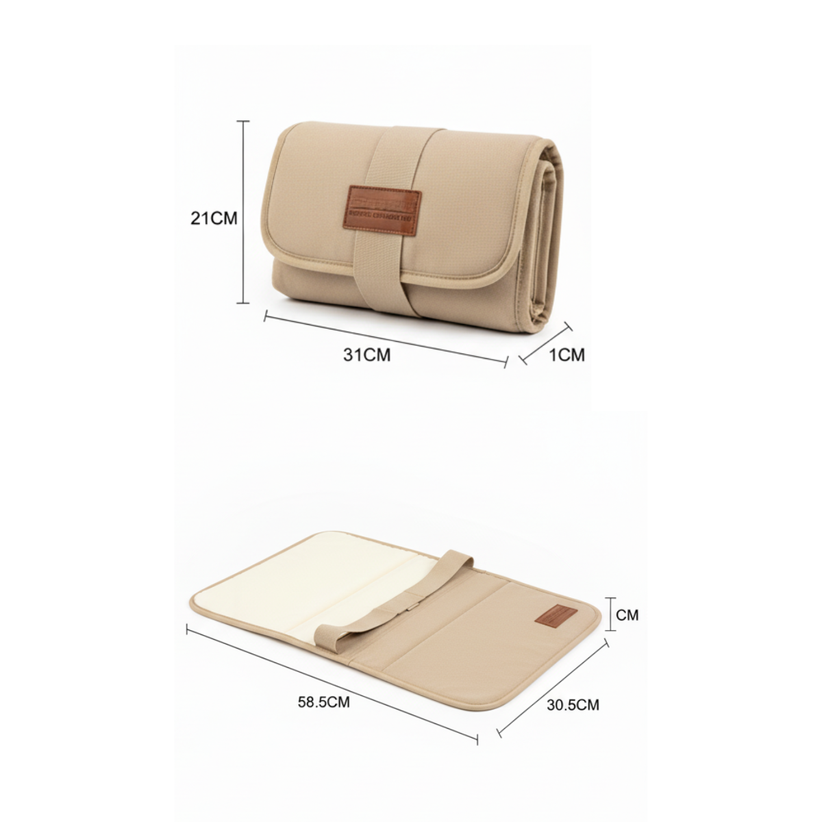 Beige fabric mat with dimensions labeled on a white background