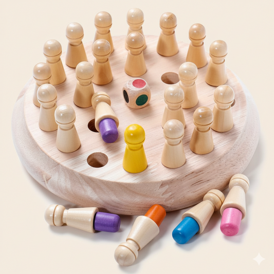 Wooden pegs with colorful tops on a circular wooden board with a dice, on a light beige background
