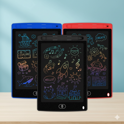 Three colorful electronic doodle boards with drawings on a light blue background