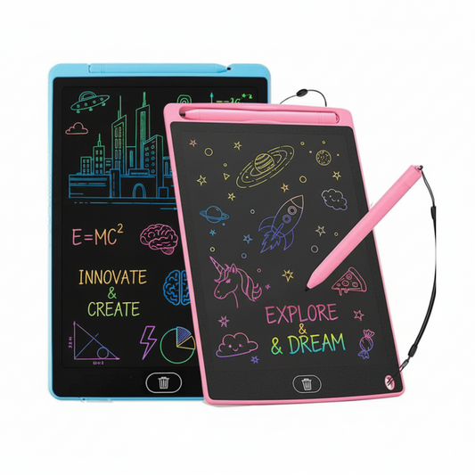 Two electronic drawing boards with colorful writings and illustrations on a white background.