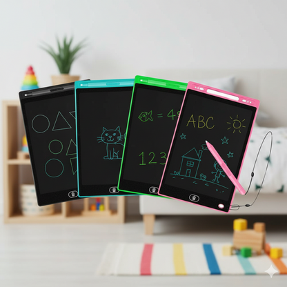 Four colorful electronic drawing boards with writing on a blurred indoor background