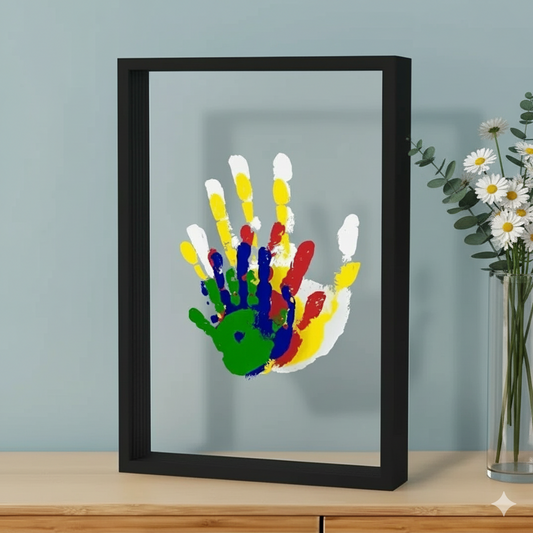 Framed colorful handprint on a light blue wall with a vase of flowers.