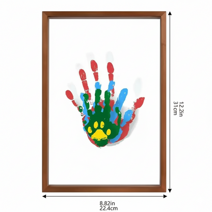 Framed colorful handprint with dimensions indicated