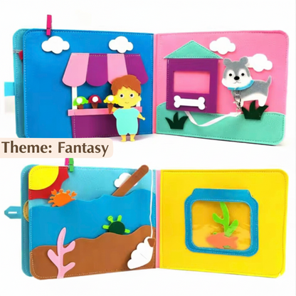Children's soft book with fantasy theme, featuring a girl and dog on one page and beach scene on another.