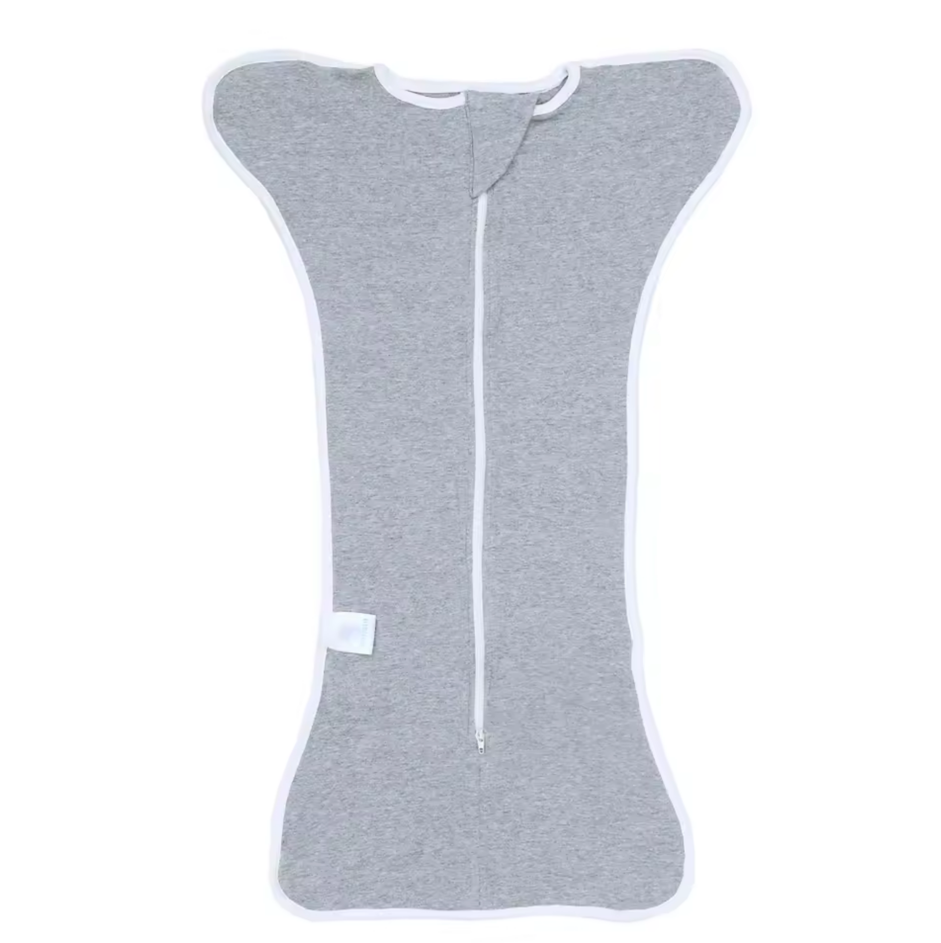 Gray baby swaddle with a white zipper on a white background
