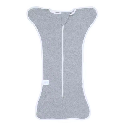 Gray baby swaddle with a white zipper on a white background