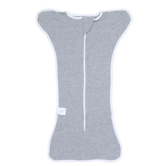 Gray baby swaddle with a white zipper on a white background