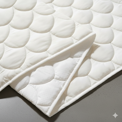 Close-up of a white quilted mattress pad on a gray surface