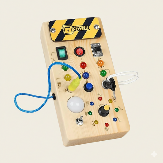 Wooden control panel with colorful buttons and wires on a beige background