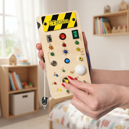 Wooden sensory toy with colorful buttons held by a hand in a room with shelves and books.