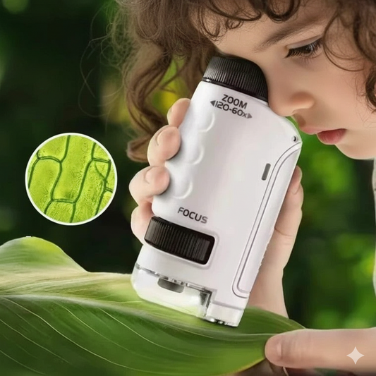 Child using a magnifying glass to examine a leaf with a close-up of plant cells.