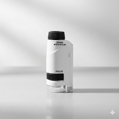 White and black magnifying glass with 'FOCUS' and 'ZOOM' text on a gray background