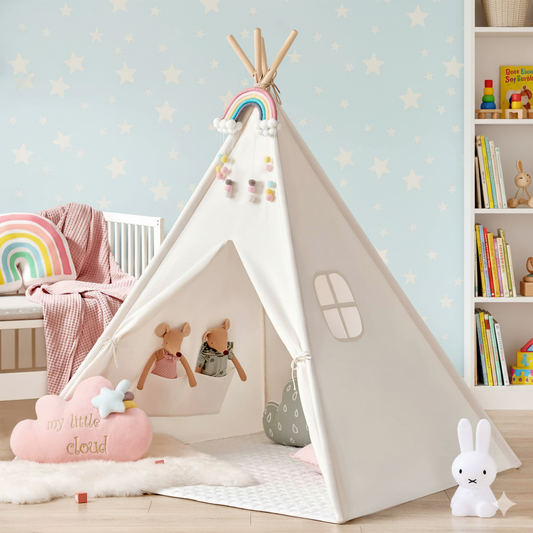 Children's play tent with toys in a room with a light blue wall and shelves.