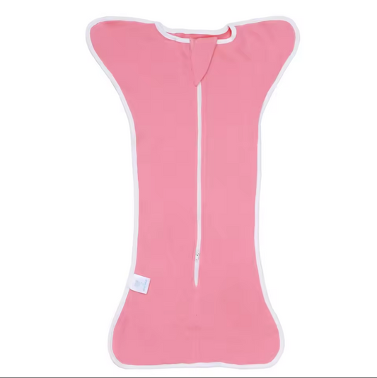 Pink baby wrap with white trim on a white background