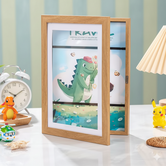 Wooden photo frames with cartoon dinosaur design on a table with toys and decor.