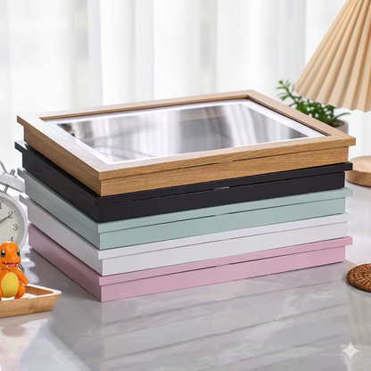 Stack of wooden trays with metal tops on a light surface.