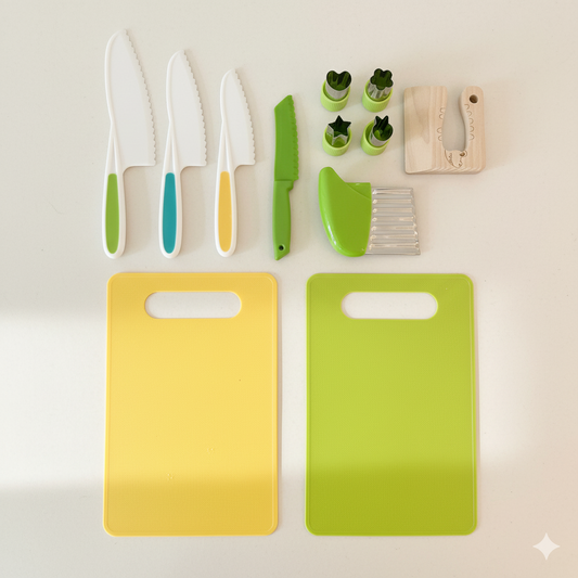 Set of kitchen utensils including knives, cutting boards, and small tools on a light background