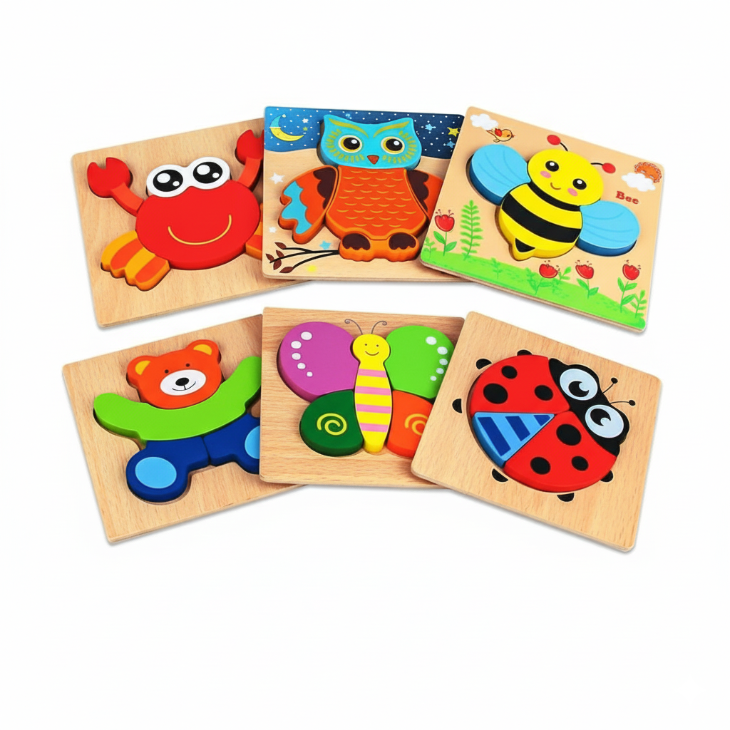 Set of colorful wooden puzzles with animal designs on a white background