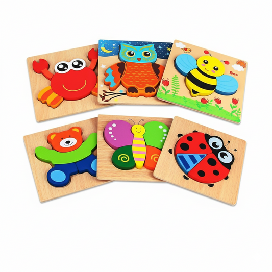 Set of colorful wooden puzzles with animal designs on a white background