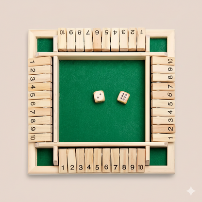 Wooden dice tray with numbered slots and two dice on a green surface