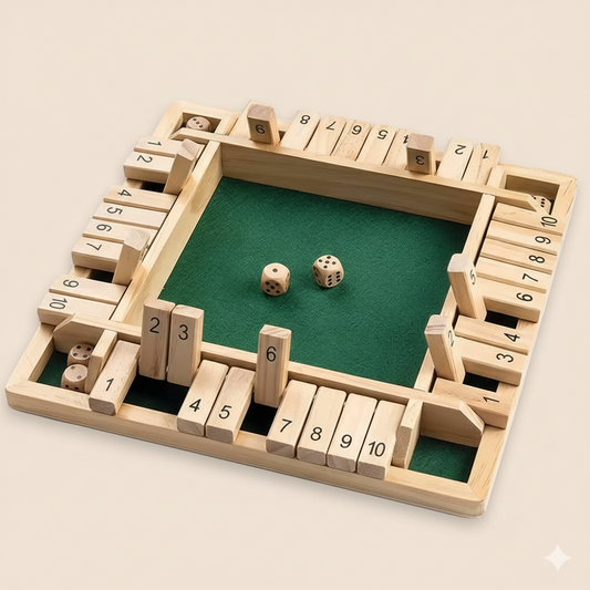Wooden dice game with two dice on a green playing field