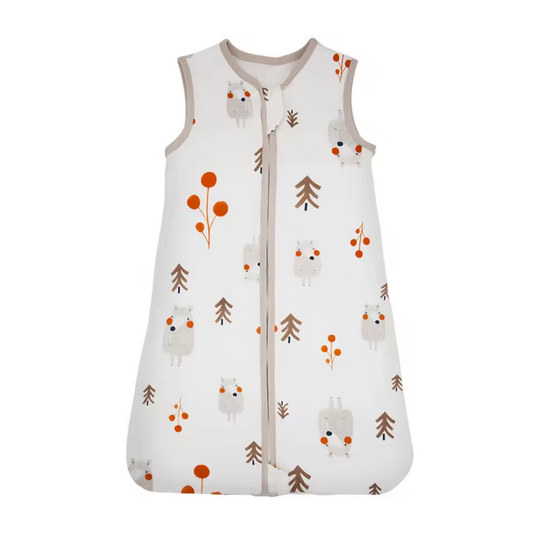 Baby sleeping bag with forest pattern on a white background