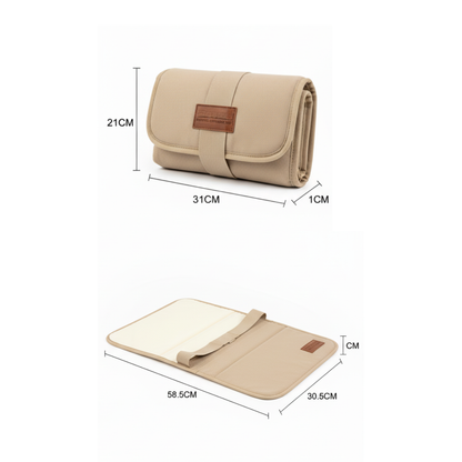 Beige fabric mat with dimensions labeled on a white background