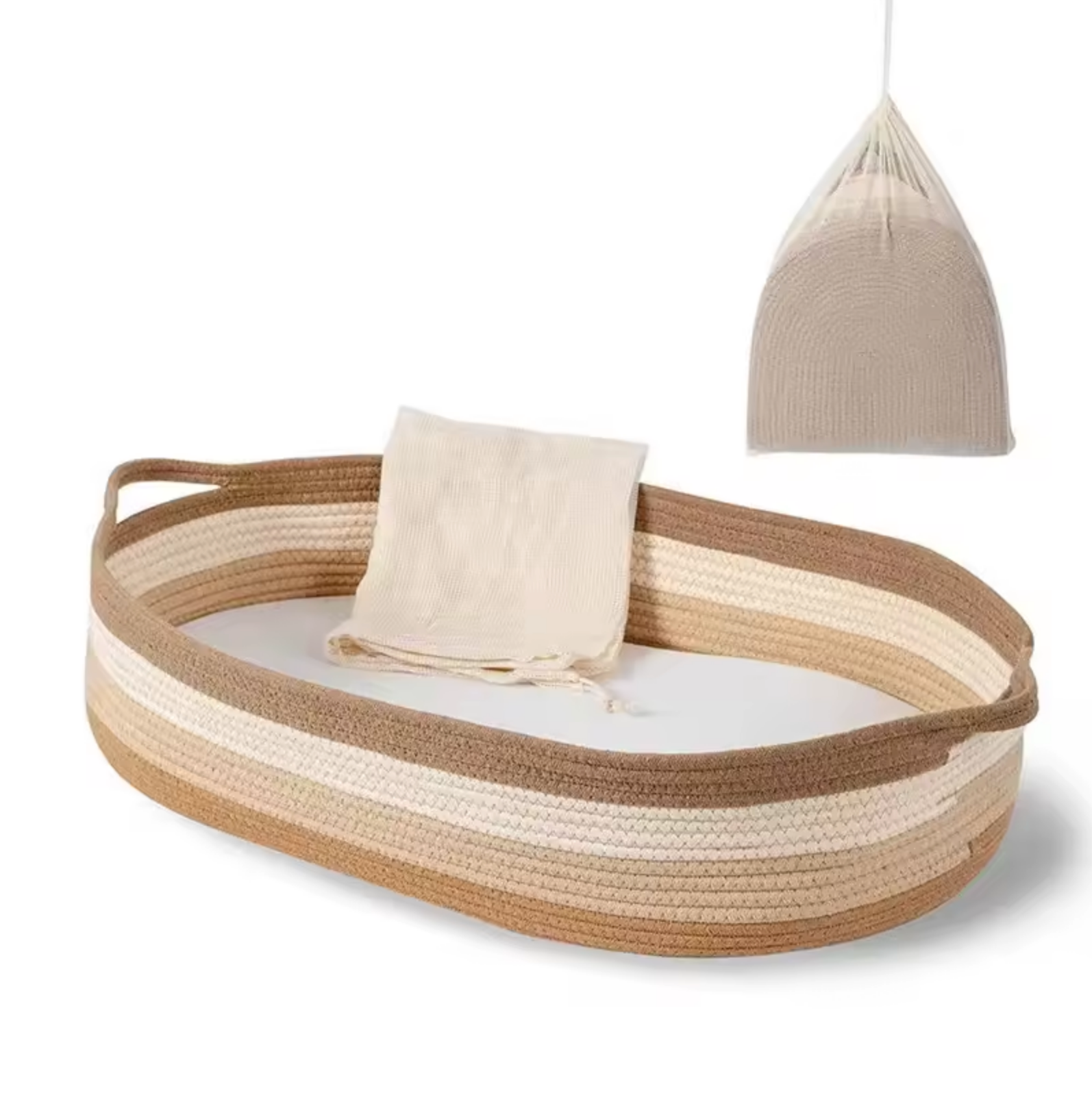 Woven basket with a towel inside and a matching pendant light on a white background